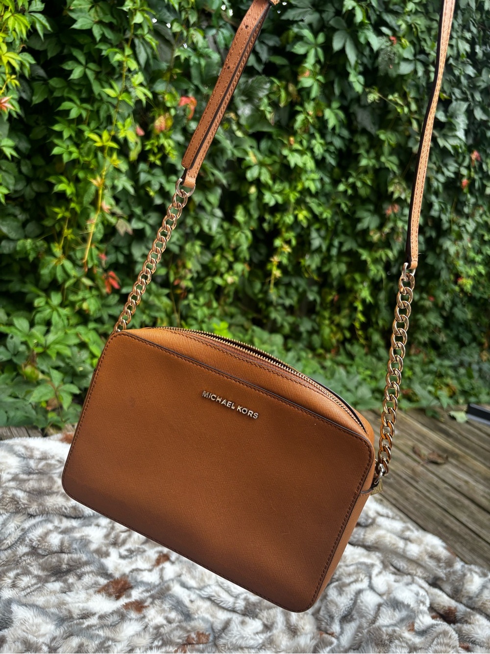 Michael Kors Cognac Leather Crossbody with Gold Chain Strap